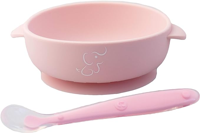 PAPU BABY Set de 2 tazones/bowl/plato y cuchara de Silicón 100% grado alimenticio con base de succión. Libre de BPA (Rosa/Beige).