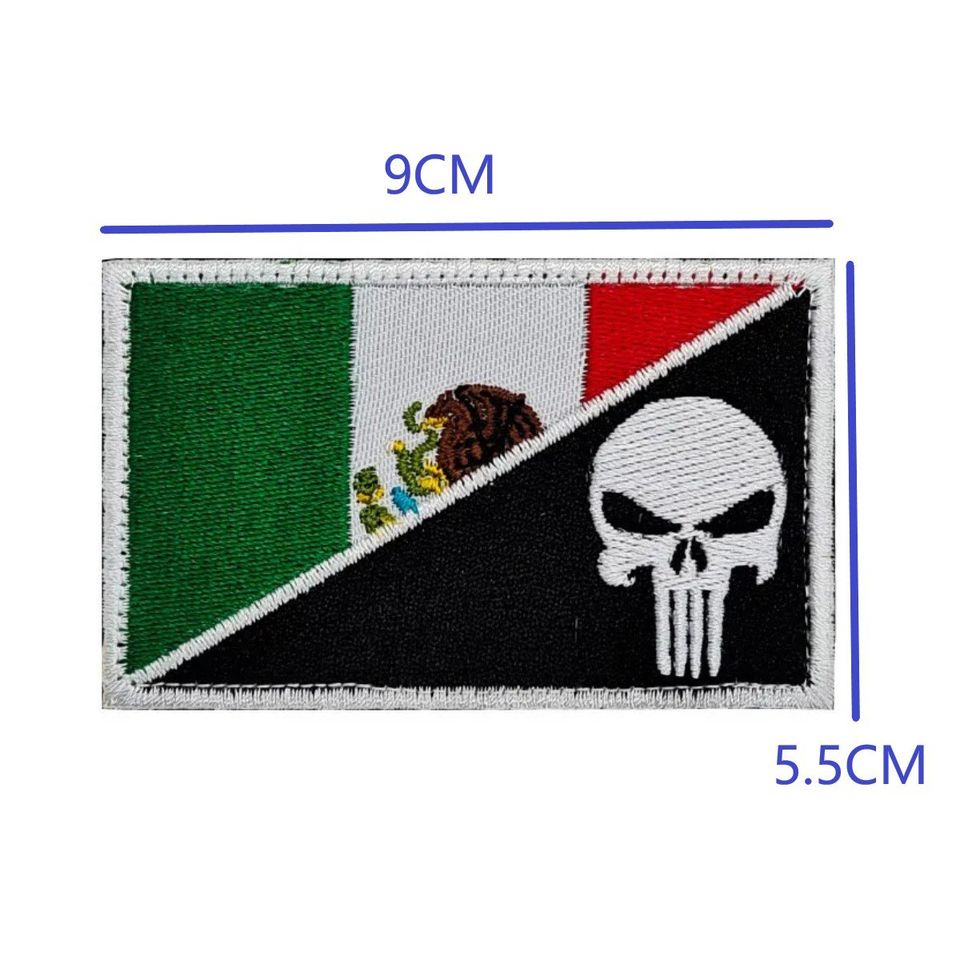 Parche craneo insignia México bandera nacional bordado velcro brazalete mochila tela bricolaje.