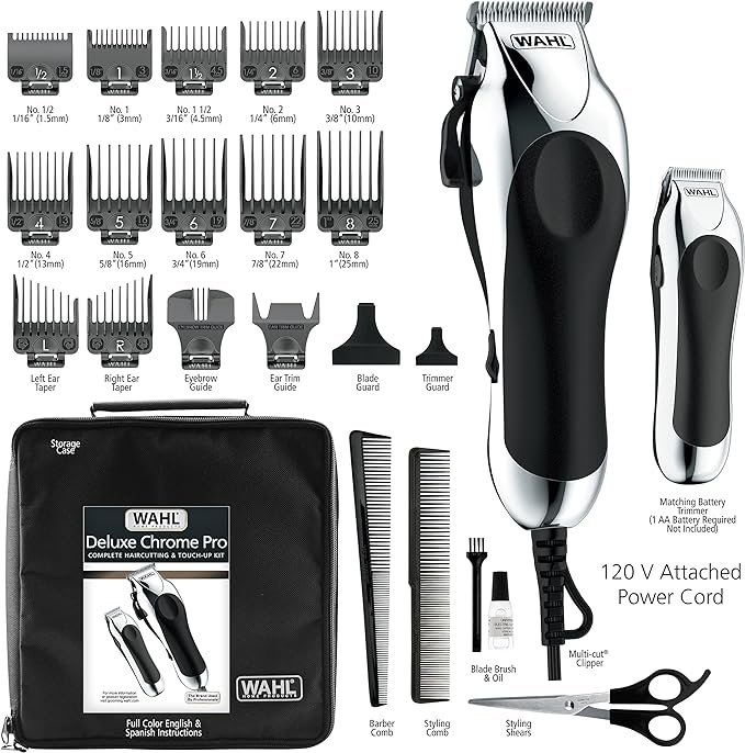 A Wahl - Maquina para cortar cabello -Kit completo de corte de pelo 79524-5201 Chrome Pro de 25 piezas.