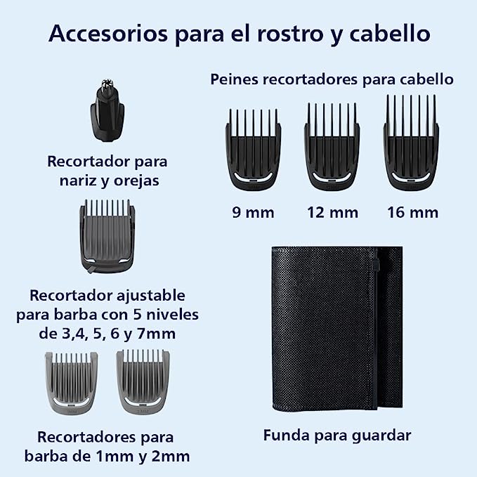 A Philips Multigroom Series 3000, Recortador todo en uno, 11 longitudes, MG3730/15, para cara, cabello y nariz.