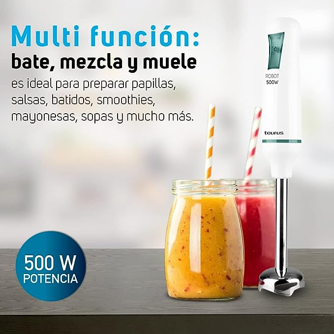A TAURUS ROBOT 500 INOX Batidora de Inmersión 500 W | Acero Inoxidable | Caña Desmontable | Turbo Rotation System | Control Pulso | Diseño Ergonómico y Anti Salpicaduras.