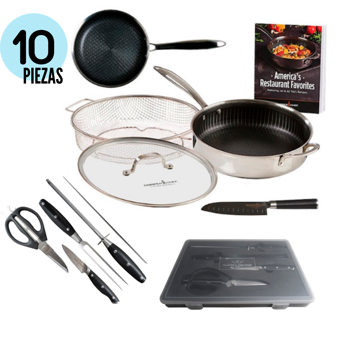 JUEGO DE SARTEN+ CUCHILLOS  Acero Inoxidable con estuche Trustedbutcher/Copper Chef Titan