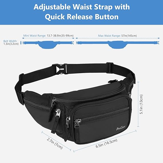Procase Cangurera para Hombre Mujer, Bolso Deportivo de Cintura al Aire Libre con Cinturón Regulable y Hebilla Rápida para Viaje Senderismo Correr Entrenamiento (Negro).