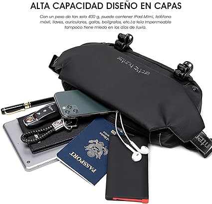 Riñonera Hombre YB00047, ARCTIC HUNTER AH Bandolera Cruzada Impermeable, Bolso de Pecho Antirrobo con Cremallera para Viaje, Senderismo, Ocio y Actividades al Aire Libre para Mujeres y Hombres (Negro).