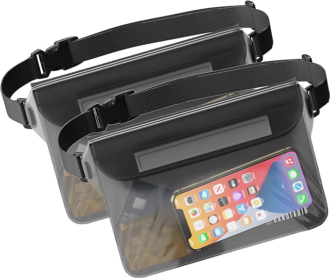 Canotagio Cangurera Impermeable | Set de 2 | Cangurera Sumergible Compatible con Celular iPhone. Bolsa Seca a Prueba de Agua para Playa y Alberca. Funda Impermeable. Waterproof Pouch (Negro).