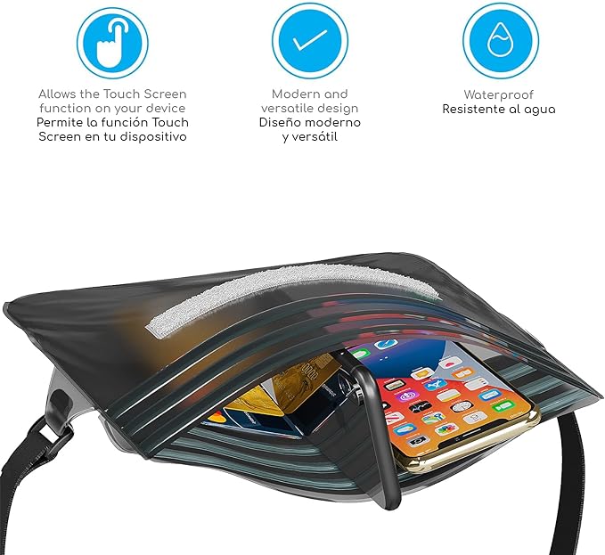 Canotagio Cangurera Impermeable | Set de 2 | Cangurera Sumergible Compatible con Celular iPhone. Bolsa Seca a Prueba de Agua para Playa y Alberca. Funda Impermeable. Waterproof Pouch (Negro).