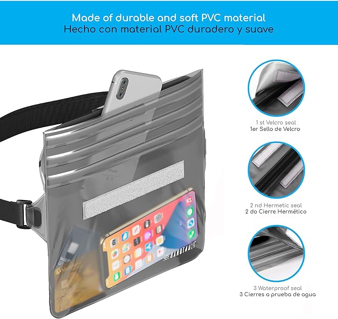 Canotagio Cangurera Impermeable | Set de 2 | Cangurera Sumergible Compatible con Celular iPhone. Bolsa Seca a Prueba de Agua para Playa y Alberca. Funda Impermeable. Waterproof Pouch (Negro).