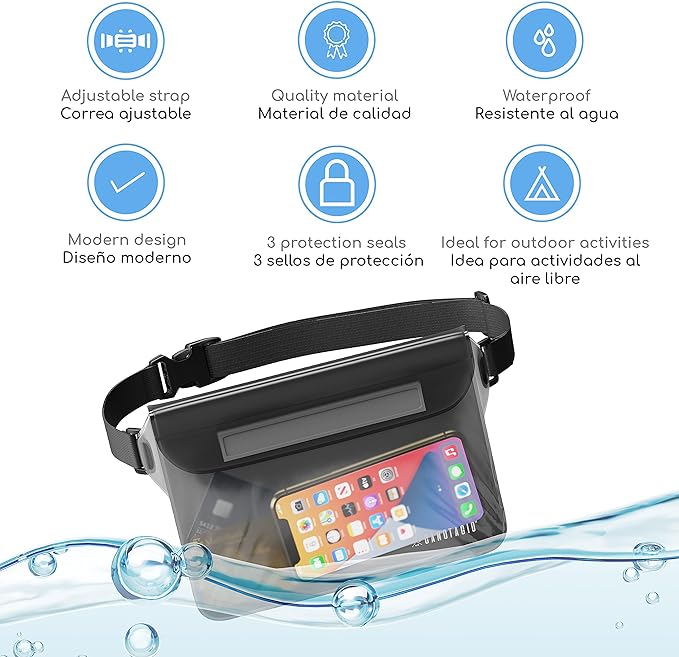Canotagio Cangurera Impermeable | Set de 2 | Cangurera Sumergible Compatible con Celular iPhone. Bolsa Seca a Prueba de Agua para Playa y Alberca. Funda Impermeable. Waterproof Pouch (Negro).