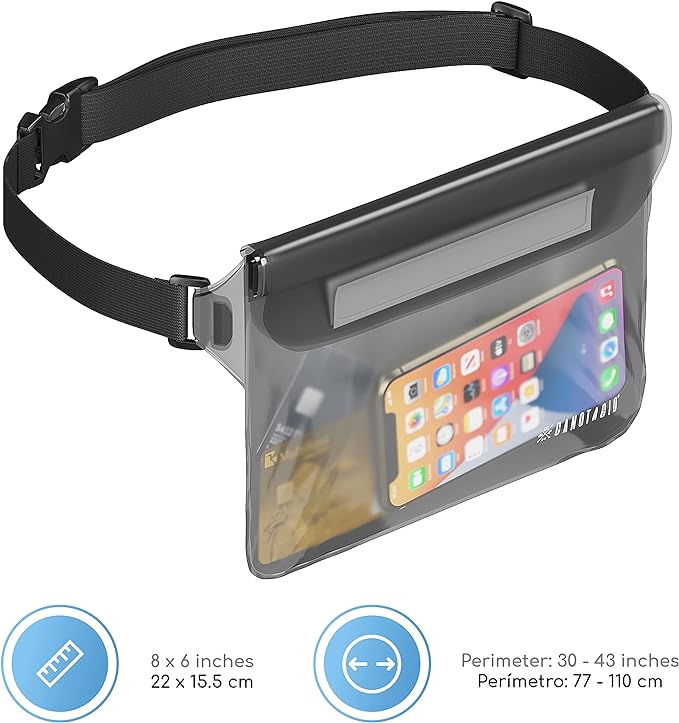 Canotagio Cangurera Impermeable | Set de 2 | Cangurera Sumergible Compatible con Celular iPhone. Bolsa Seca a Prueba de Agua para Playa y Alberca. Funda Impermeable. Waterproof Pouch (Negro).