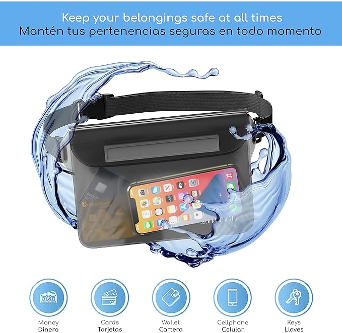 Canotagio Cangurera Impermeable | Set de 2 | Cangurera Sumergible Compatible con Celular iPhone. Bolsa Seca a Prueba de Agua para Playa y Alberca. Funda Impermeable. Waterproof Pouch (Negro).