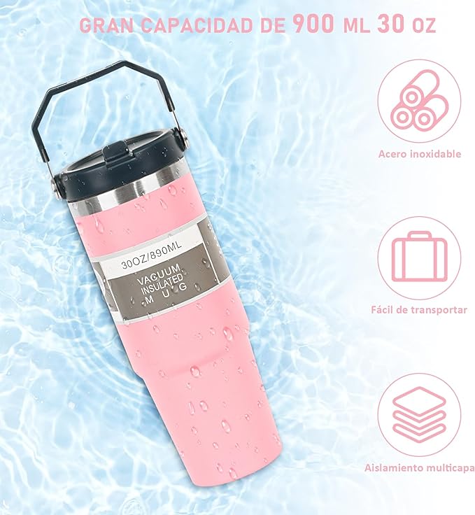 A Vaso Térmico de Acero Inoxidable de 900ml,Termo para Café de Mano de Doble Capa,Taza Termica Frío y Caliente con Tapa de Paja, Adecuado para Deportes Aire Libre y Uso Diario (Rosa).