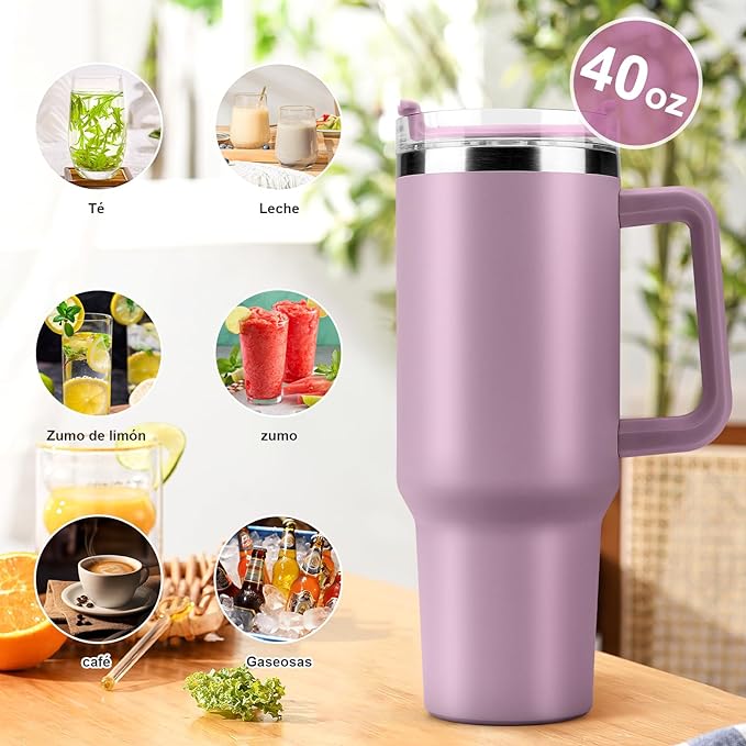 A 40OZ Vaso Térmico de Acero Inoxidable, Taza Aislada al Aspiradora con Tapa y Pajita, Termo de Viaje para Bebidas Frías y Calientes, Prueba de Sudor,Apto para Lavaplatos,sin BPA (Rosa Claro).