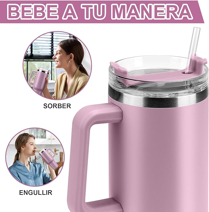 A 40OZ Vaso Térmico de Acero Inoxidable, Taza Aislada al Aspiradora con Tapa y Pajita, Termo de Viaje para Bebidas Frías y Calientes, Prueba de Sudor,Apto para Lavaplatos,sin BPA (Rosa Claro).