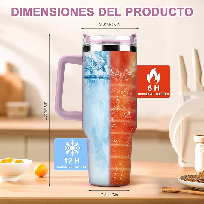 A 40OZ Vaso Térmico de Acero Inoxidable, Taza Aislada al Aspiradora con Tapa y Pajita, Termo de Viaje para Bebidas Frías y Calientes, Prueba de Sudor,Apto para Lavaplatos,sin BPA (Rosa Claro).