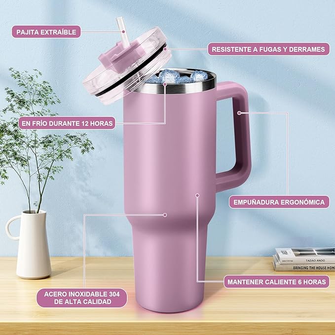 A 40OZ Vaso Térmico de Acero Inoxidable, Taza Aislada al Aspiradora con Tapa y Pajita, Termo de Viaje para Bebidas Frías y Calientes, Prueba de Sudor,Apto para Lavaplatos,sin BPA (Rosa Claro).
