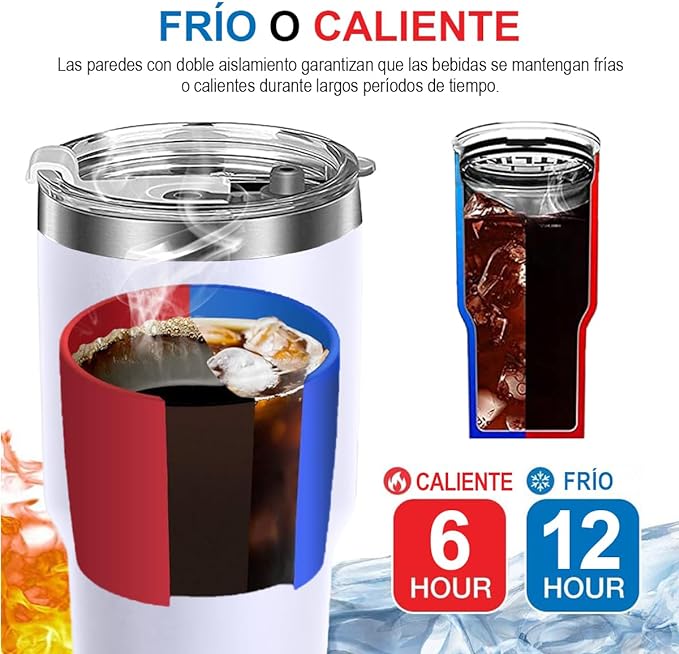 A Vaso Térmico de Acero Inoxidable, Easytao Taza Termica Frio y Caliente para Cafe con Tapa y Popote, Cepillo de limpieza, Termo Infusor de Vacío Doble para Hombre, Mujer, Regalo, (30oz/850ml,Blanco).