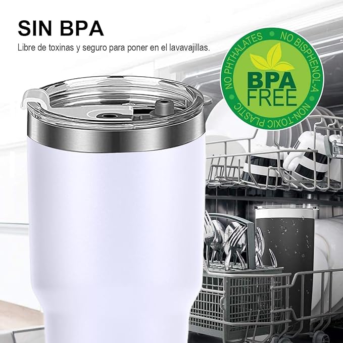 A Vaso Térmico de Acero Inoxidable, Easytao Taza Termica Frio y Caliente para Cafe con Tapa y Popote, Cepillo de limpieza, Termo Infusor de Vacío Doble para Hombre, Mujer, Regalo, (30oz/850ml,Blanco).