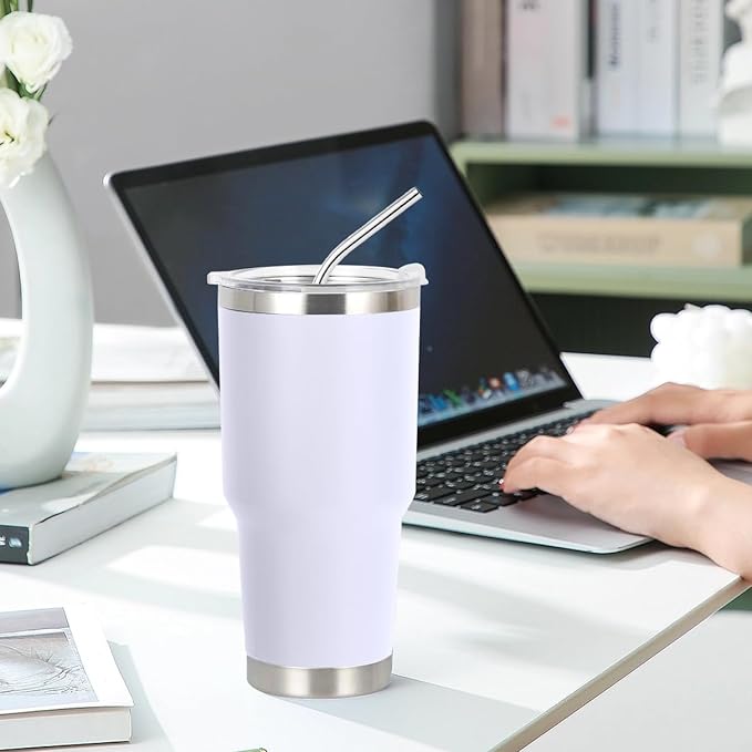 A Vaso Térmico de Acero Inoxidable, Easytao Taza Termica Frio y Caliente para Cafe con Tapa y Popote, Cepillo de limpieza, Termo Infusor de Vacío Doble para Hombre, Mujer, Regalo, (30oz/850ml,Blanco).