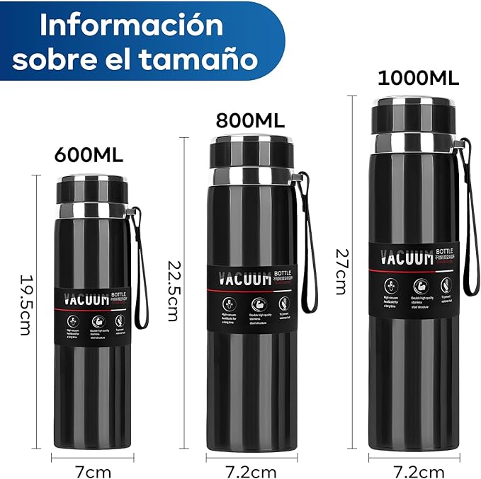 A AI-PIKA Termo de Acero Inoxidable 316, Para Agua Fría (24 horas) o Caliente (24 horas), Botella 1000ml de Agua Termo, Doble Pared y Tapa Hermética Antigoteo, Con Asa para Transportar (Negro）.