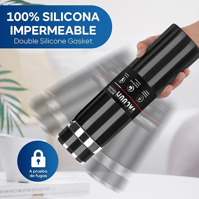 A AI-PIKA Termo de Acero Inoxidable 316, Para Agua Fría (24 horas) o Caliente (24 horas), Botella 1000ml de Agua Termo, Doble Pared y Tapa Hermética Antigoteo, Con Asa para Transportar (Negro）.