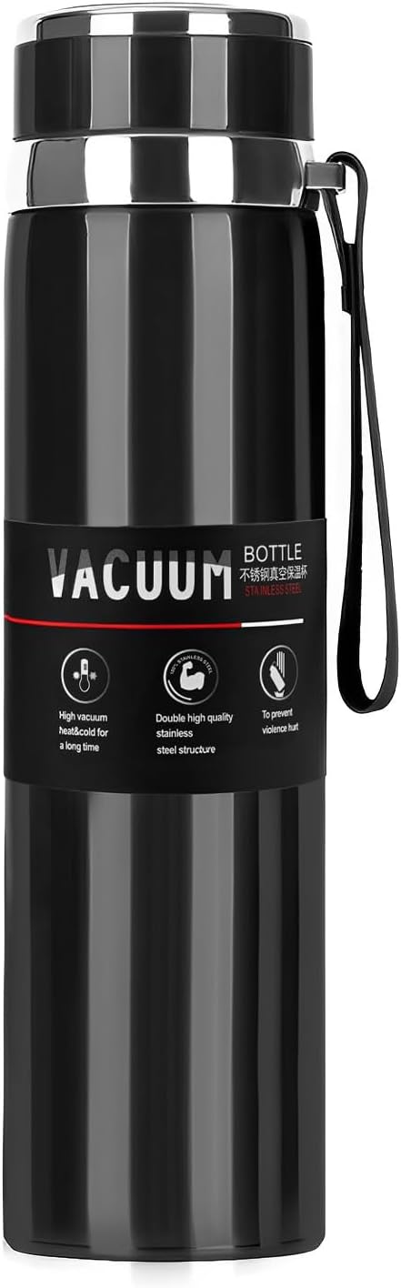 A AI-PIKA Termo de Acero Inoxidable 316, Para Agua Fría (24 horas) o Caliente (24 horas), Botella 1000ml de Agua Termo, Doble Pared y Tapa Hermética Antigoteo, Con Asa para Transportar (Negro）.