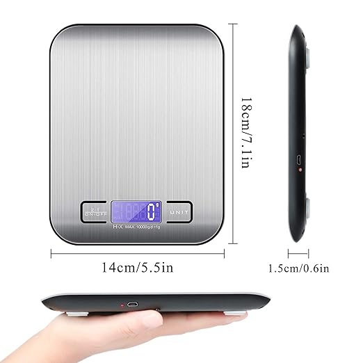 A TBONEEY Báscula Cocina Digital USB Recargable, Bascula Precision Cocina 10kg/1g Peso de Cocina Digital, Balanza de Alimentos Acero Inoxidable con Pantalla LCD, Función de Tara (Baterias Incluidas).