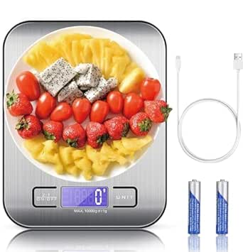 A TBONEEY Báscula Cocina Digital USB Recargable, Bascula Precision Cocina 10kg/1g Peso de Cocina Digital, Balanza de Alimentos Acero Inoxidable con Pantalla LCD, Función de Tara (Baterias Incluidas).