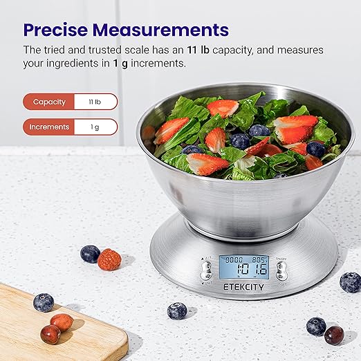 A Etekcity Báscula Digital para Cocina con Bol Removible, 5 kg / 11 lbs, Balanza de Cocina de Acero Inoxidable, Temporizador y Sensor de Temperatura, Pantalla LCD, EK4150.