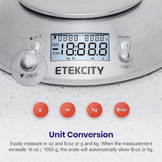 A Etekcity Báscula Digital para Cocina con Bol Removible, 5 kg / 11 lbs, Balanza de Cocina de Acero Inoxidable, Temporizador y Sensor de Temperatura, Pantalla LCD, EK4150.