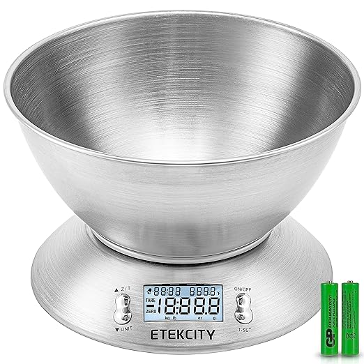 A Etekcity Báscula Digital para Cocina con Bol Removible, 5 kg / 11 lbs, Balanza de Cocina de Acero Inoxidable, Temporizador y Sensor de Temperatura, Pantalla LCD, EK4150.