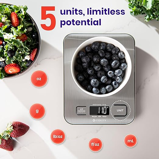 a Etekcity Báscula de Cocina Digital de Precisión, Balanza Cocina de Acero Inoxidable 5 kg/ 11 lbs, Peso Cocina Multifuncional, Pantalla LCD, 2 Baterías Incluidas.