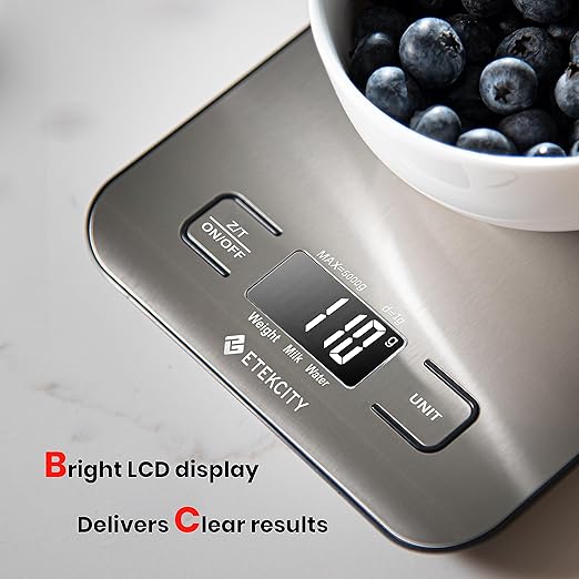 a Etekcity Báscula de Cocina Digital de Precisión, Balanza Cocina de Acero Inoxidable 5 kg/ 11 lbs, Peso Cocina Multifuncional, Pantalla LCD, 2 Baterías Incluidas.