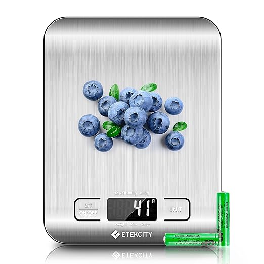 a Etekcity Báscula de Cocina Digital de Precisión, Balanza Cocina de Acero Inoxidable 5 kg/ 11 lbs, Peso Cocina Multifuncional, Pantalla LCD, 2 Baterías Incluidas.