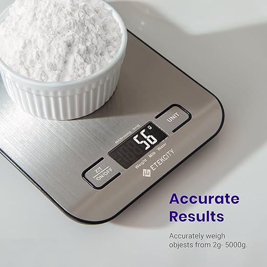 a Etekcity Báscula de Cocina Digital de Precisión, Balanza Cocina de Acero Inoxidable 5 kg/ 11 lbs, Peso Cocina Multifuncional, Pantalla LCD, 2 Baterías Incluidas.