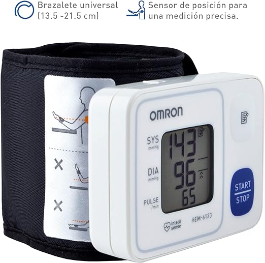 A Baumanómetro OMRON, Medidor de Presión Arterial de Muñeca HEM-6123, Tecnología única, Color Blanco, 1 unidad.