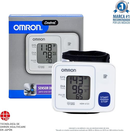 A Baumanómetro OMRON, Medidor de Presión Arterial de Muñeca HEM-6123, Tecnología única, Color Blanco, 1 unidad.
