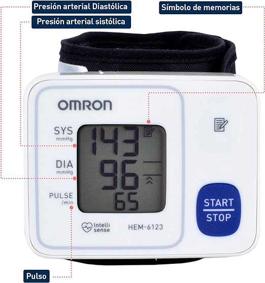 A Baumanómetro OMRON, Medidor de Presión Arterial de Muñeca HEM-6123, Tecnología única, Color Blanco, 1 unidad.