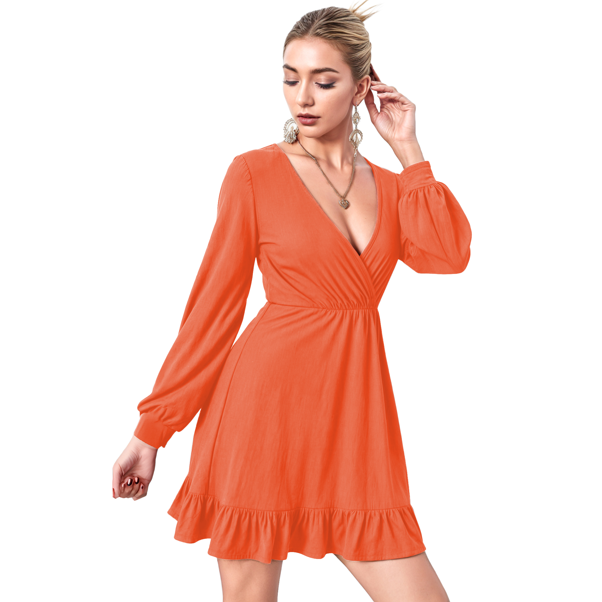 Vestido cruzado casual elegante noche corto, mujer dama xally 2314 manga larga amplia escote V olan.