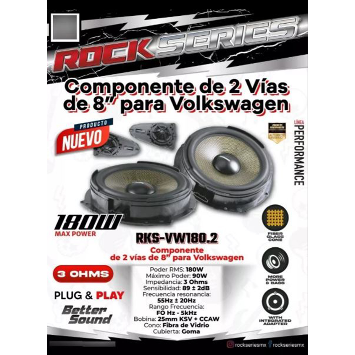Bocinas Rock Series RKS-VW180.2 8 PuLG Plug And Play Vw Seat .