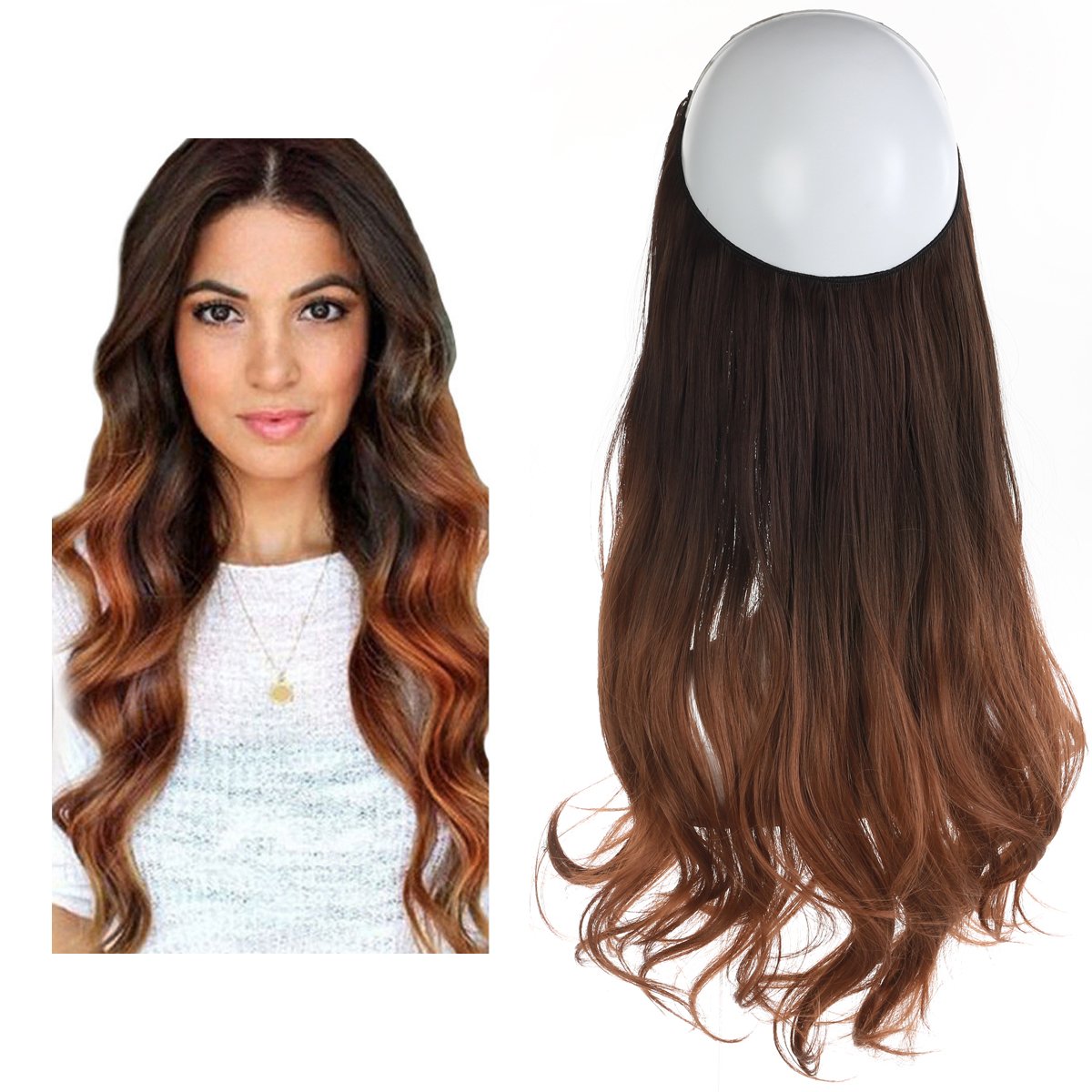 Extensiones Cabello De Liga / Halo De Fibra Resistente Al Calor M01-6T30 CASTAÑO OBSCURO MEDIO BALAYAGE RUBIO COBRIZO.