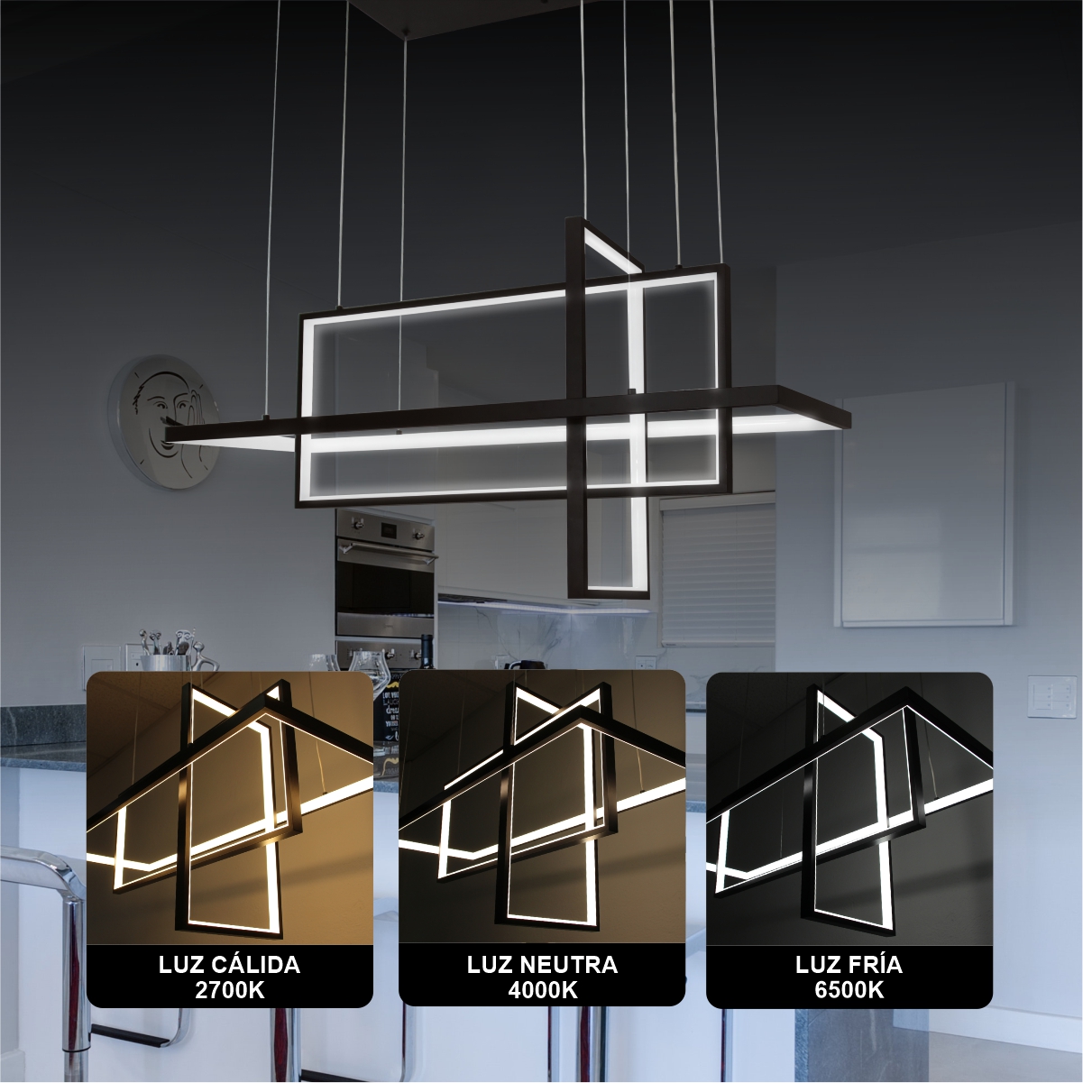 Lampara Led Colgante Moderna Con Marcos y Base Negra 100w Tres Tonos De Luz Marca Jwj Modelo JLAR-10001