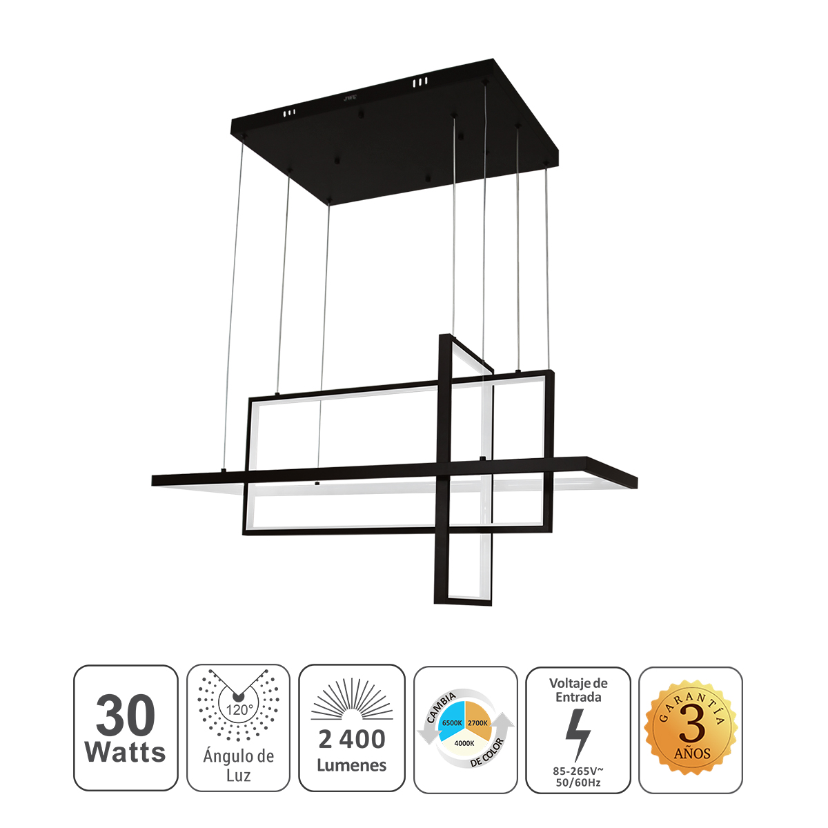 Lampara Led Colgante Moderna Con Marcos y Base Negra 100w Tres Tonos De Luz Marca Jwj Modelo JLAR-10001