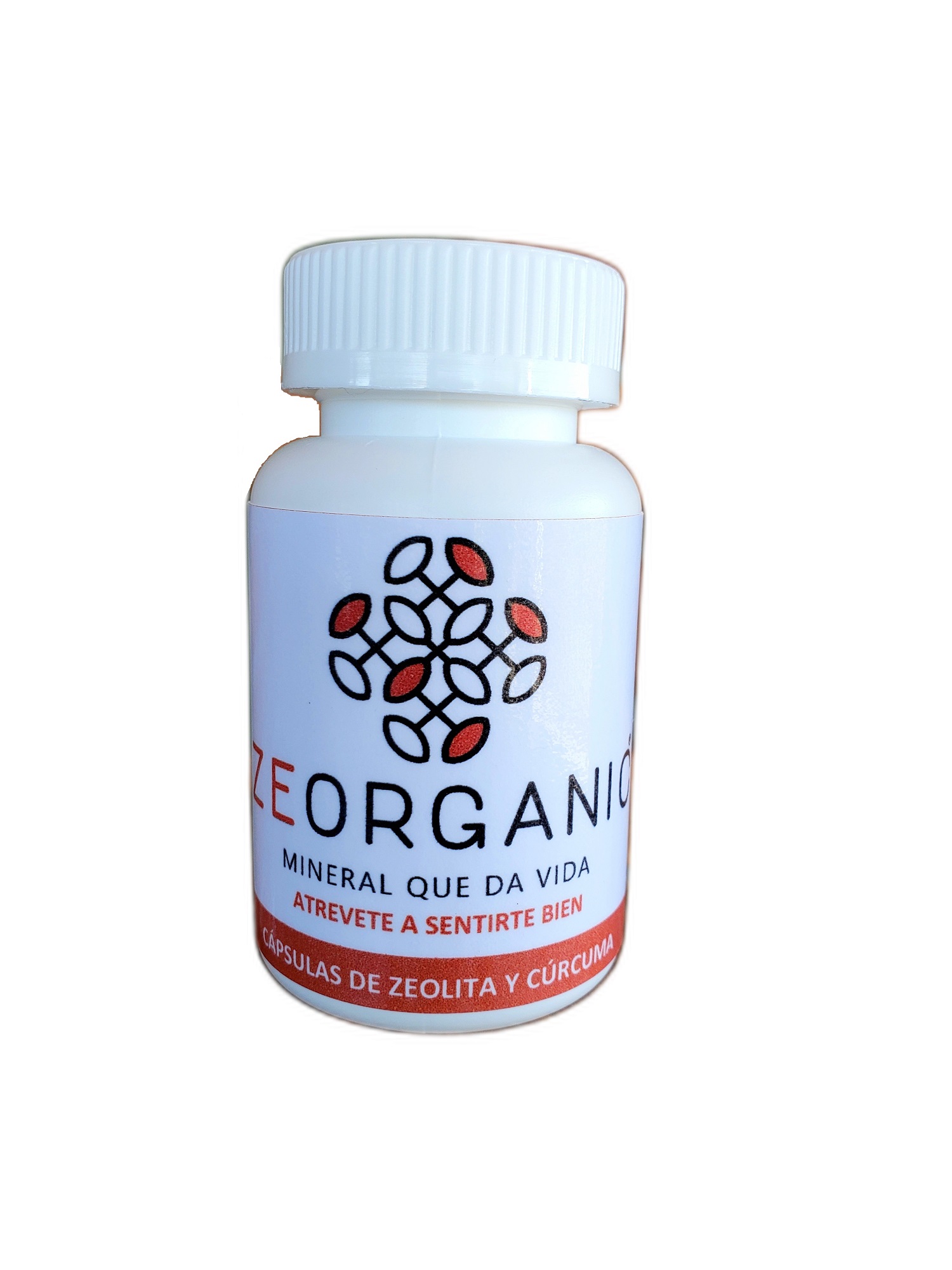 Frasco con 60 capsulas de zeolita micronizada con cúrcuma