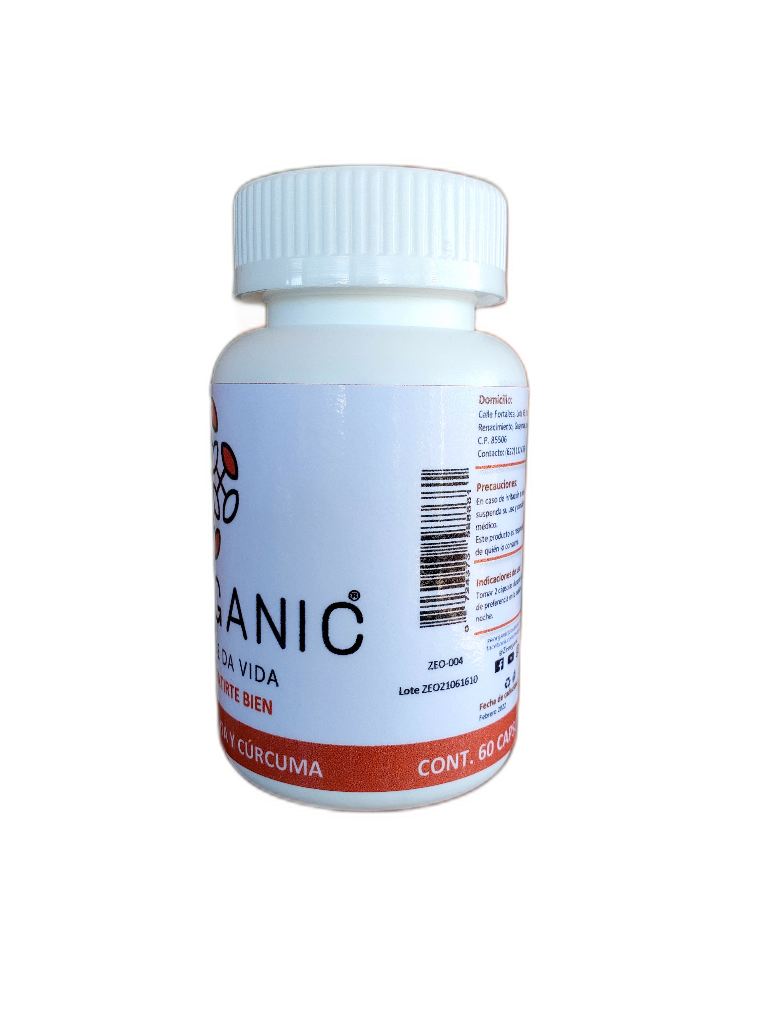 Frasco con 60 capsulas de zeolita micronizada con cúrcuma