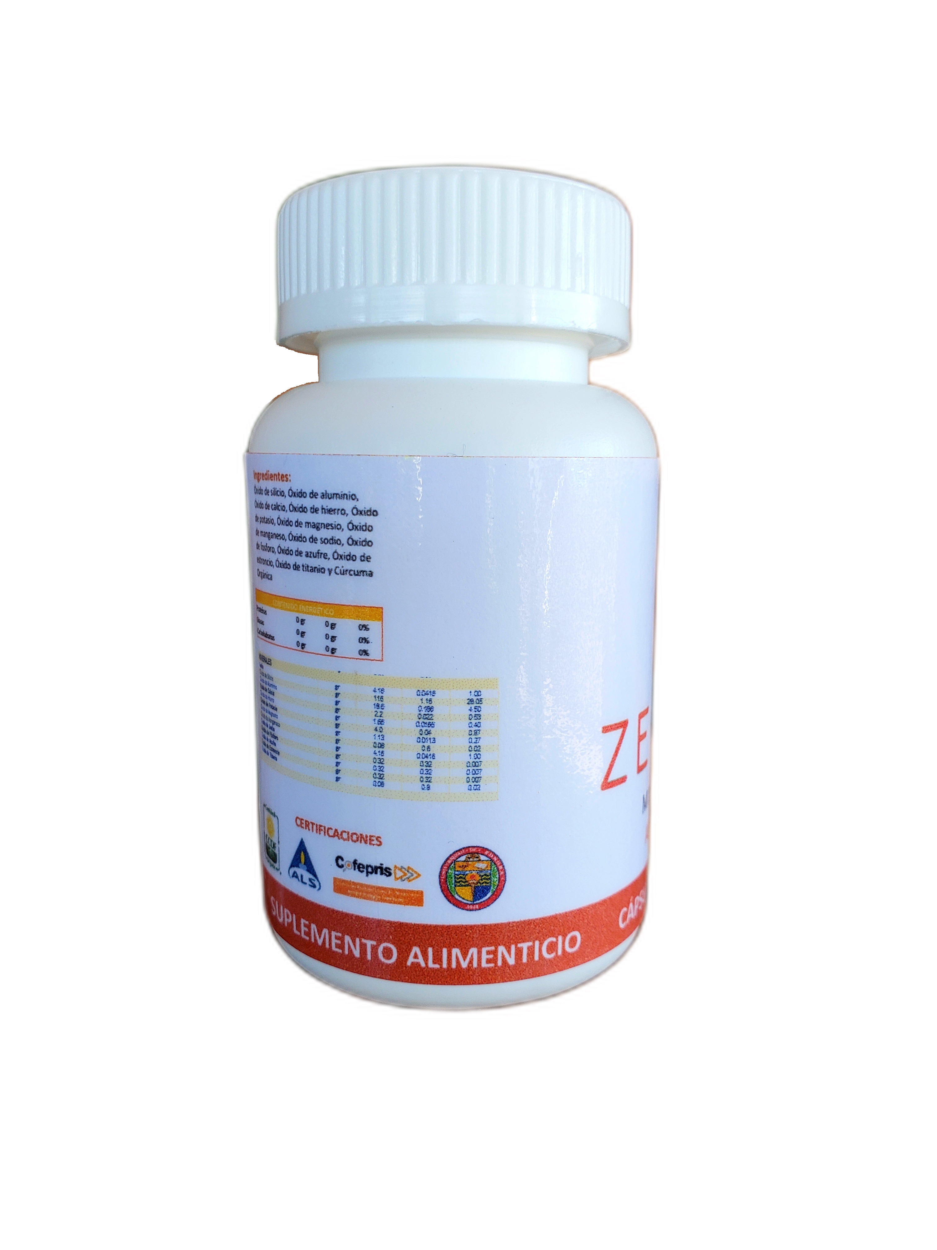 Frasco con 60 capsulas de zeolita micronizada con cúrcuma