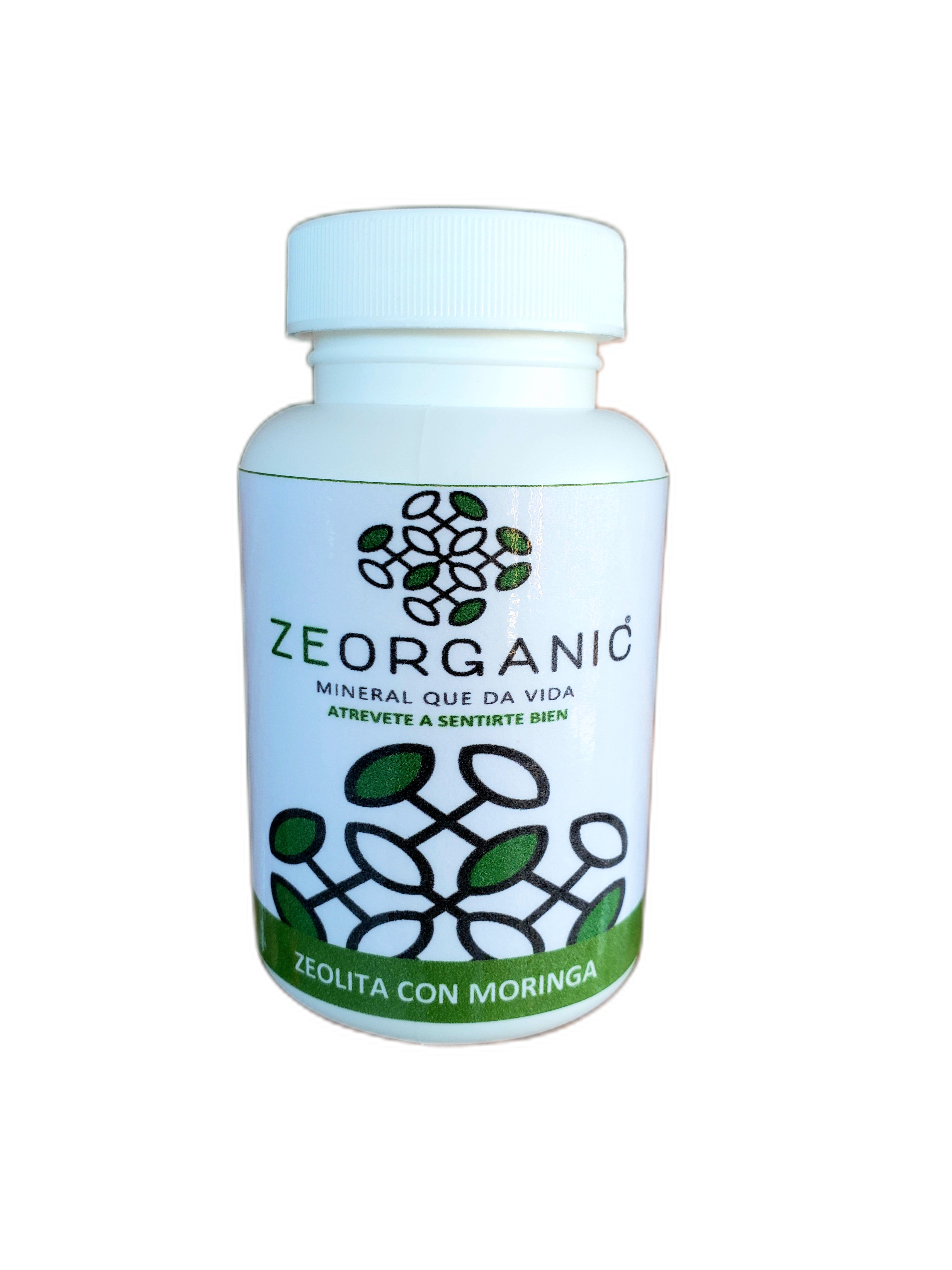 Frasco con 60 cápsulas de zeolita micronizada con moringa orgánica para consumo humano