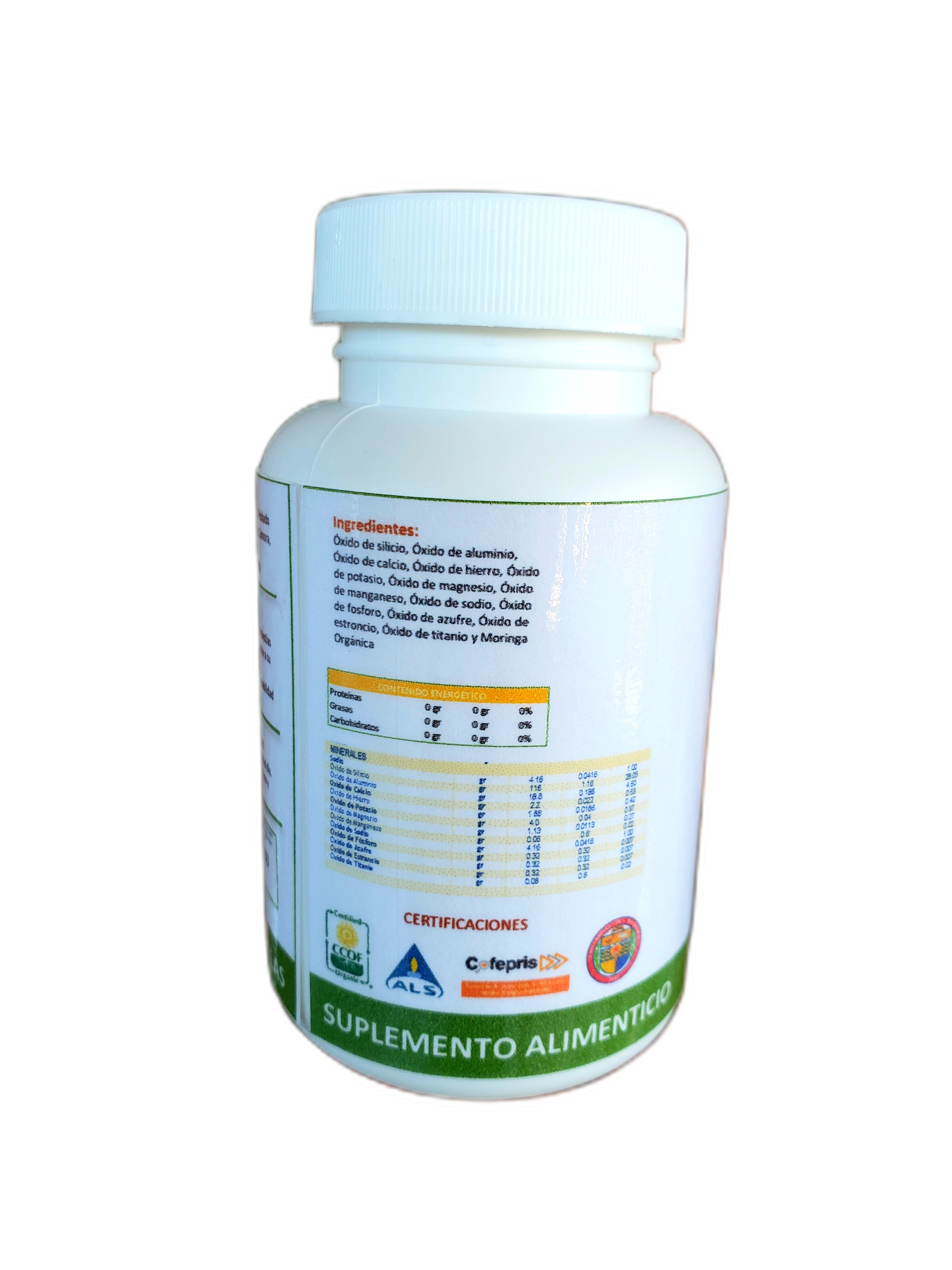 Frasco con 60 cápsulas de zeolita micronizada con moringa orgánica para consumo humano