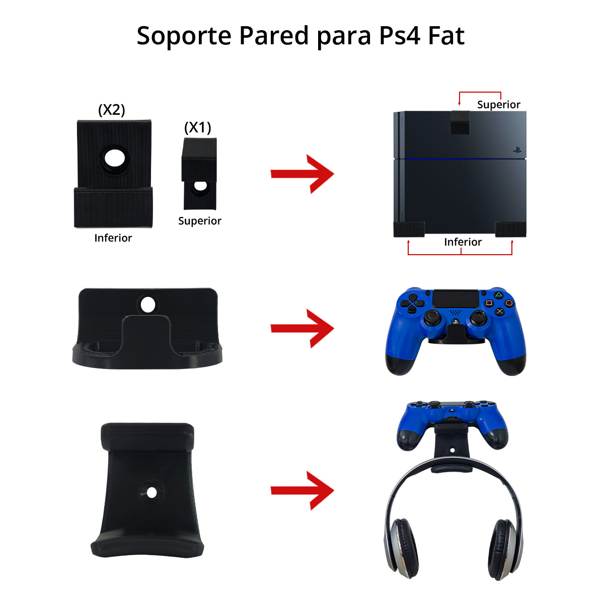 Base Soporte Consola Ps4 Fat + 2 Base Control Y 1 Audífonos