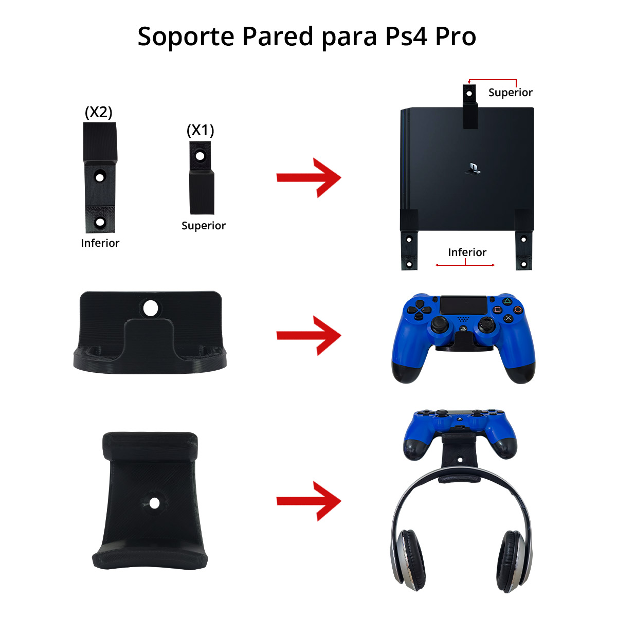 Base Soporte Consola Ps4 Pro + 2 Base Control Y 1 Audífonos