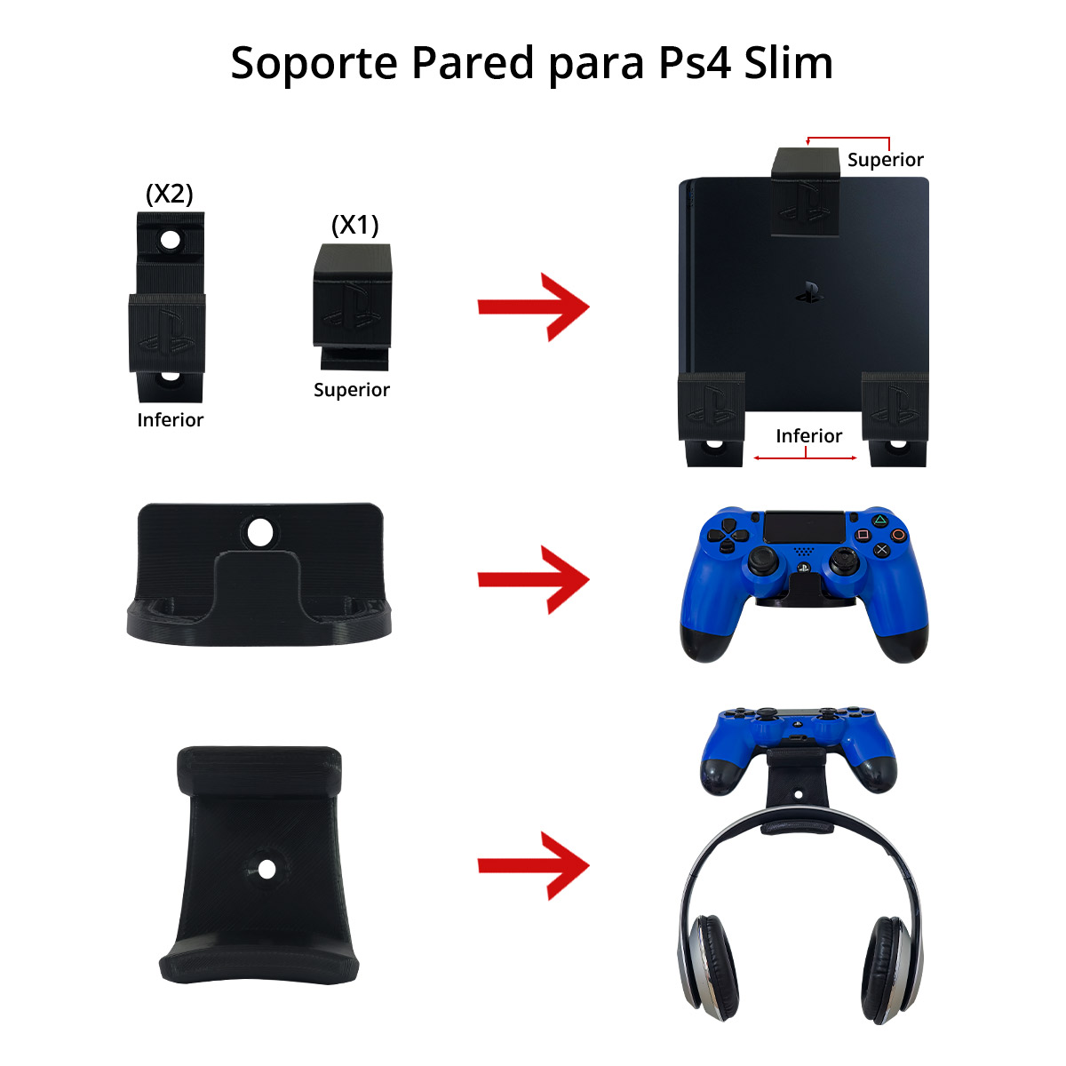 Base Soporte Consola Ps4 Slim + 2 Base Control Y 1 Audífonos